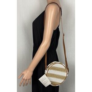 Thirty-One Jewell Roundabout Straw Crossbody Bag Tan and White Striped